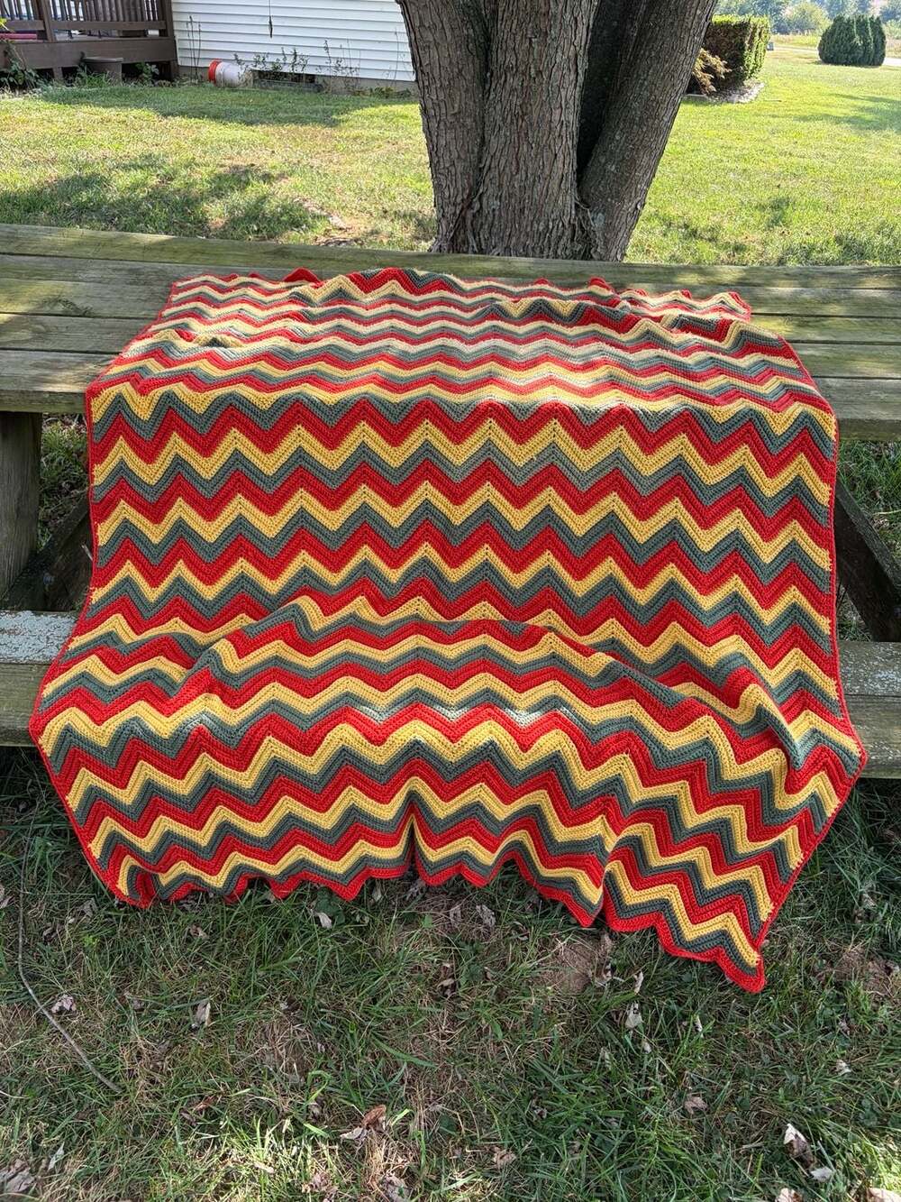 Vintage Crochet Chevron Afghan Blanket Red Yellow Green